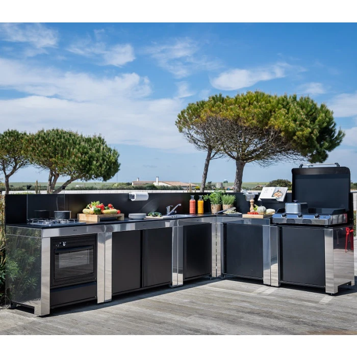 Cuisine D'extérieur ENO Modulo Inox Et Noir Pour Plancha - 5 Modules Avec Cuisinière 1 Cuisine D'extérieur ENO Modulo Inox Et Noir Pour Plancha - 5 Modules Avec Cuisinière