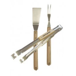 Kit 3 Accessoires Barbecue : Pince + Fourchette + Spatule Inox Et Bois Cook'In Garden